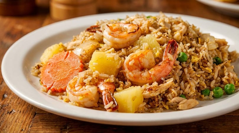 Shrimp fried rice with pineapple chunks, peas, and a carved carrot on a white plate.