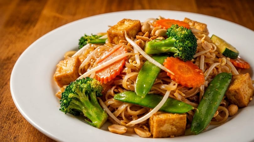 A white plate holds a colorful serving of Pad See Ew with tofu, broccoli, carrots, and snow peas.