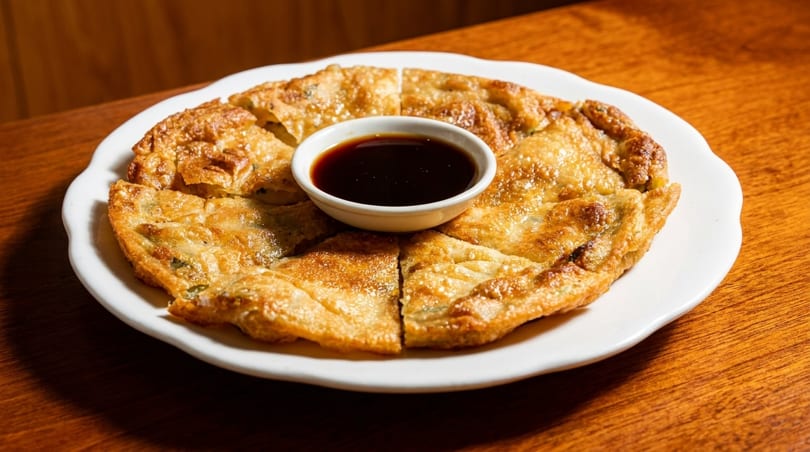 Golden-brown scallion pancakes, cut into wedges, served with a small bowl of dark dipping sauce.